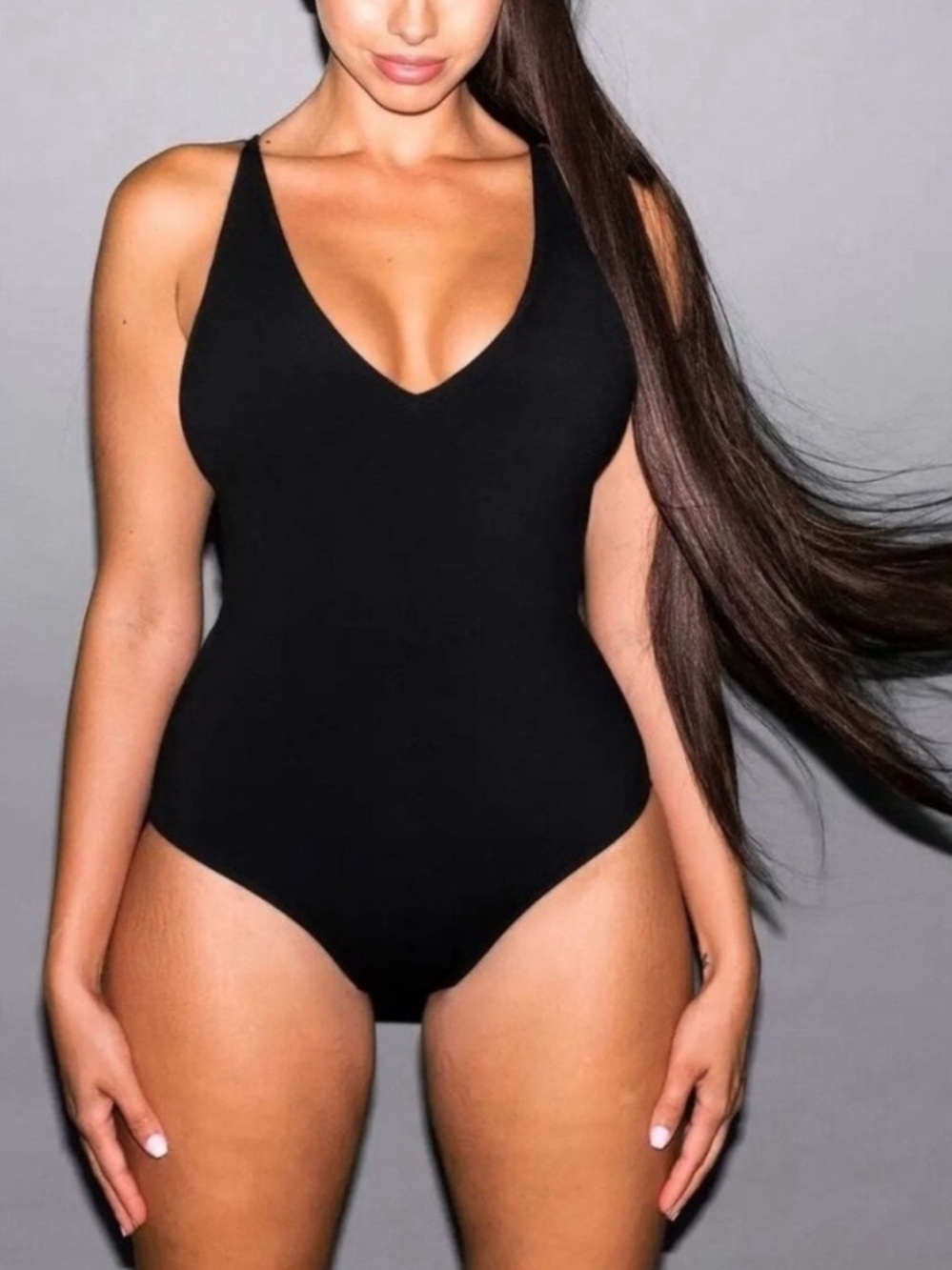 Ta3 L/Short Sleek Black V-Neck One-Piece Swimsuit